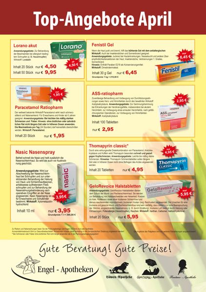 Monatlicher Angebotsflyer der Apotheke mit Informationen zu Öffnungszeiten, Leistungen, Aktionen und wechselnden Produkten aus Gesundheit und Pflege.