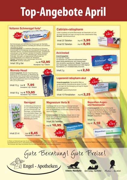 Monatlicher Angebotsflyer der Apotheke mit Informationen zu Öffnungszeiten, Leistungen, Aktionen und wechselnden Produkten aus Gesundheit und Pflege.