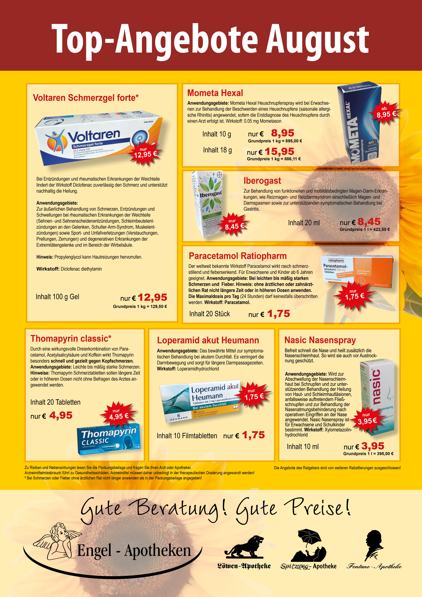 Monatlicher Angebotsflyer der Apotheke mit Informationen zu Öffnungszeiten, Leistungen, Aktionen und wechselnden Produkten aus Gesundheit und Pflege.