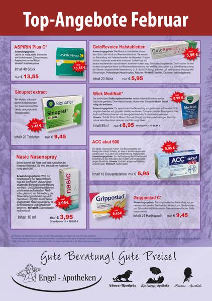 Monatlicher Angebotsflyer der Apotheke mit Informationen zu Öffnungszeiten, Leistungen, Aktionen und wechselnden Produkten aus Gesundheit und Pflege.