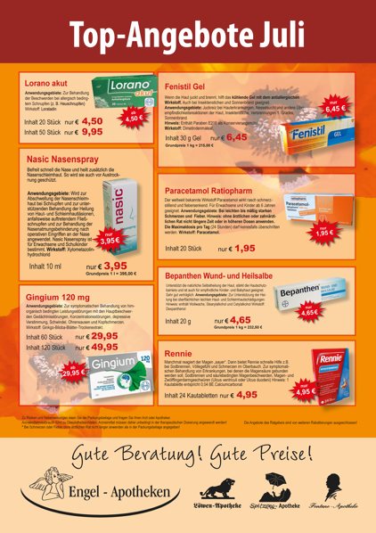 Monatlicher Angebotsflyer der Apotheke mit Informationen zu Öffnungszeiten, Leistungen, Aktionen und wechselnden Produkten aus Gesundheit und Pflege.