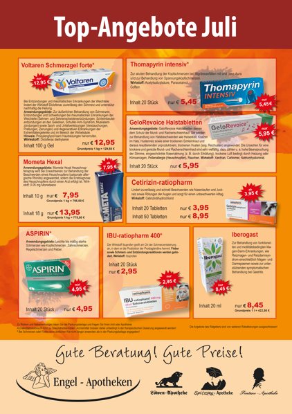 Monatlicher Angebotsflyer der Apotheke mit Informationen zu Öffnungszeiten, Leistungen, Aktionen und wechselnden Produkten aus Gesundheit und Pflege.