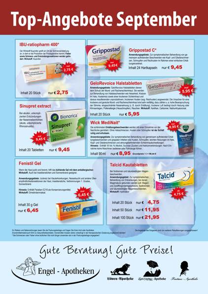 Monatlicher Angebotsflyer der Apotheke mit Informationen zu Öffnungszeiten, Leistungen, Aktionen und wechselnden Produkten aus Gesundheit und Pflege.