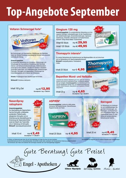 Monatlicher Angebotsflyer der Apotheke mit Informationen zu Öffnungszeiten, Leistungen, Aktionen und wechselnden Produkten aus Gesundheit und Pflege.