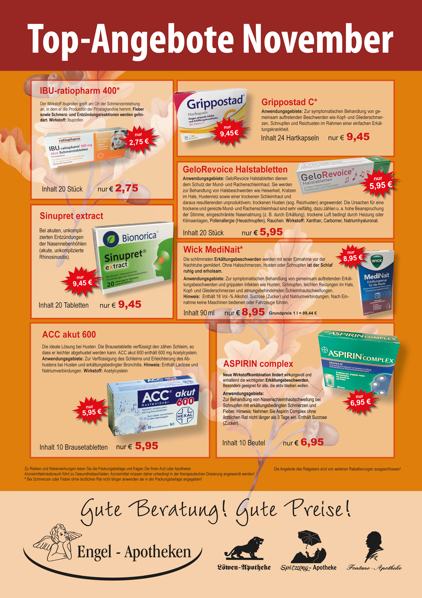 Monatlicher Angebotsflyer der Apotheke mit Informationen zu Öffnungszeiten, Leistungen, Aktionen und wechselnden Produkten aus Gesundheit und Pflege.